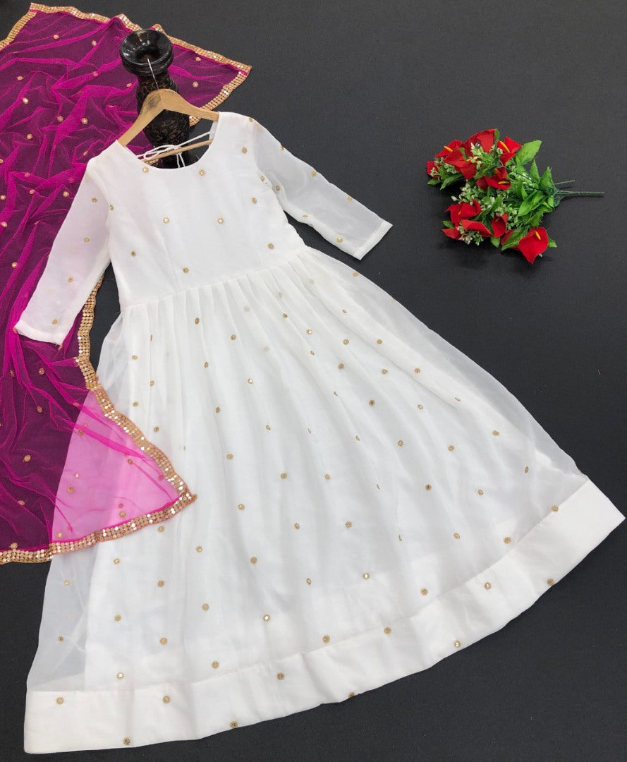 White georgette sequence embroidery work anarkali gown