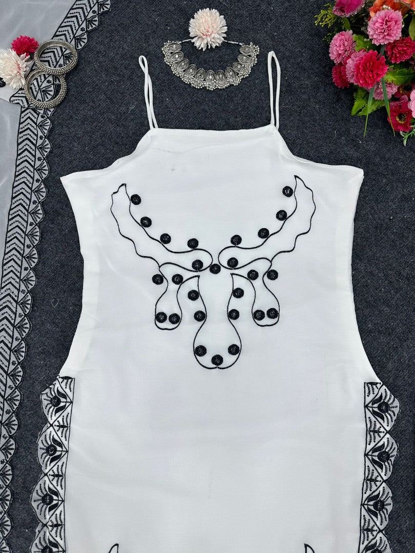 White georgette sequence embroidery work palazzo suit