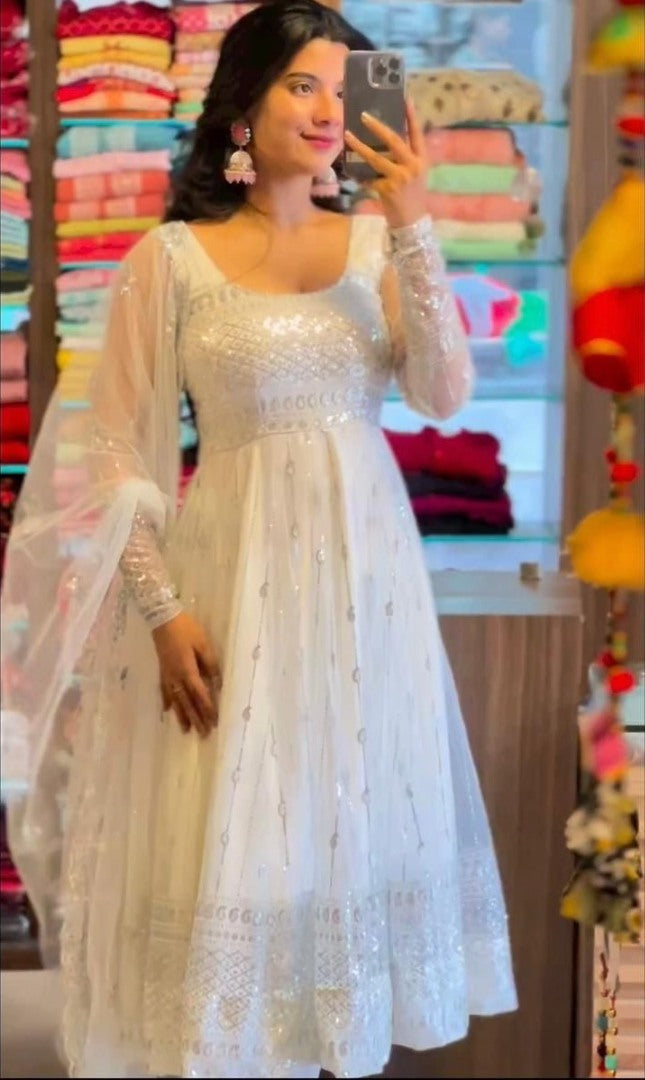 White georgette sequence work anarkali suit