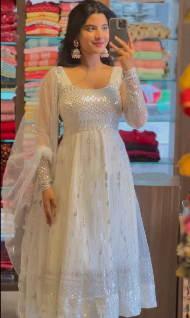 White georgette sequence work anarkali suit