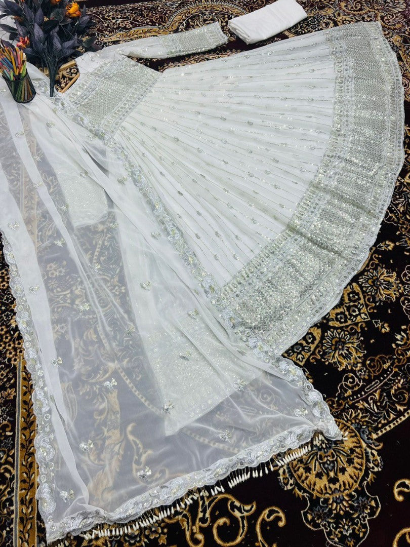 White georgette sequence work anarkali suit