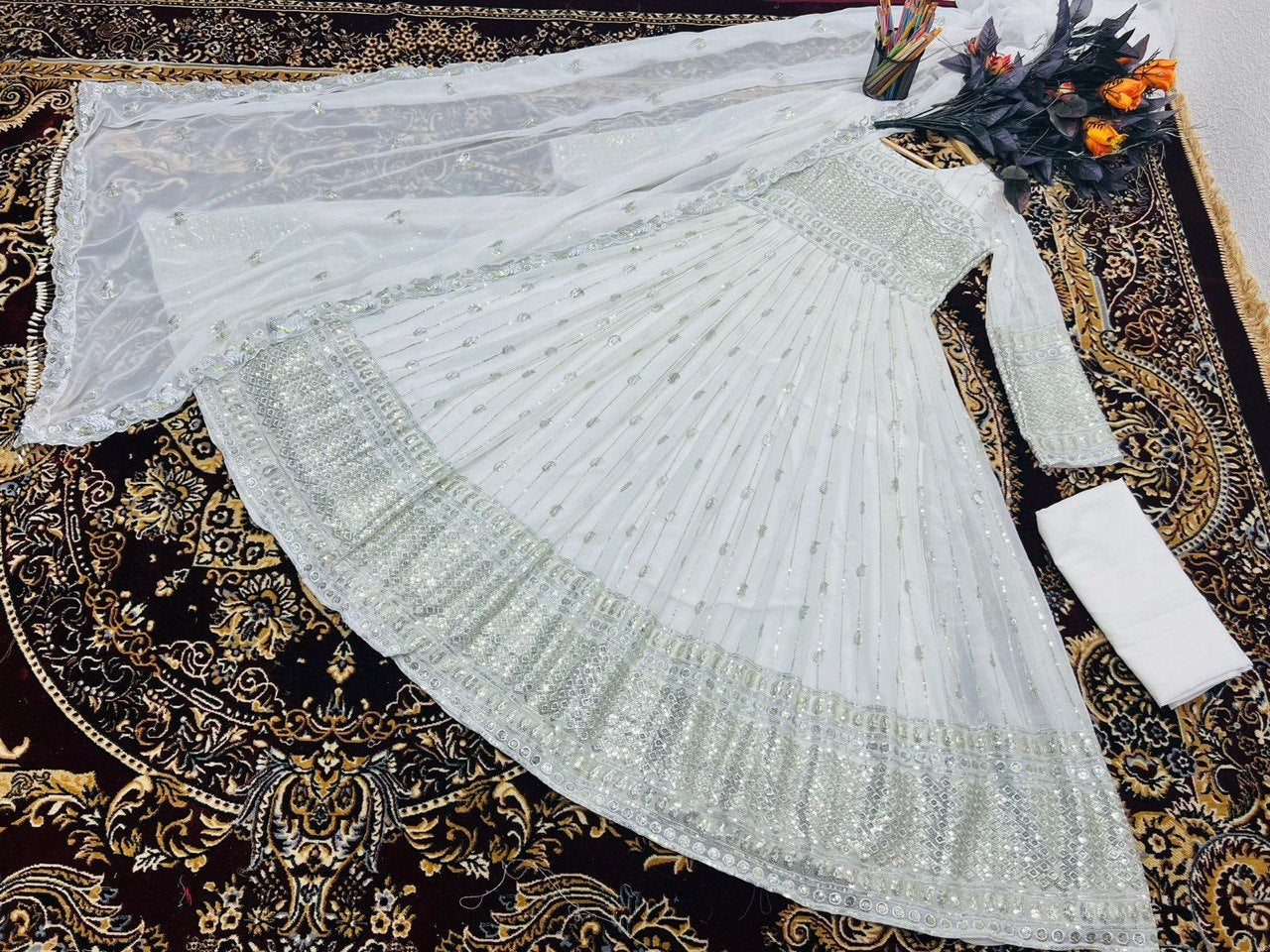 White georgette sequence work anarkali suit