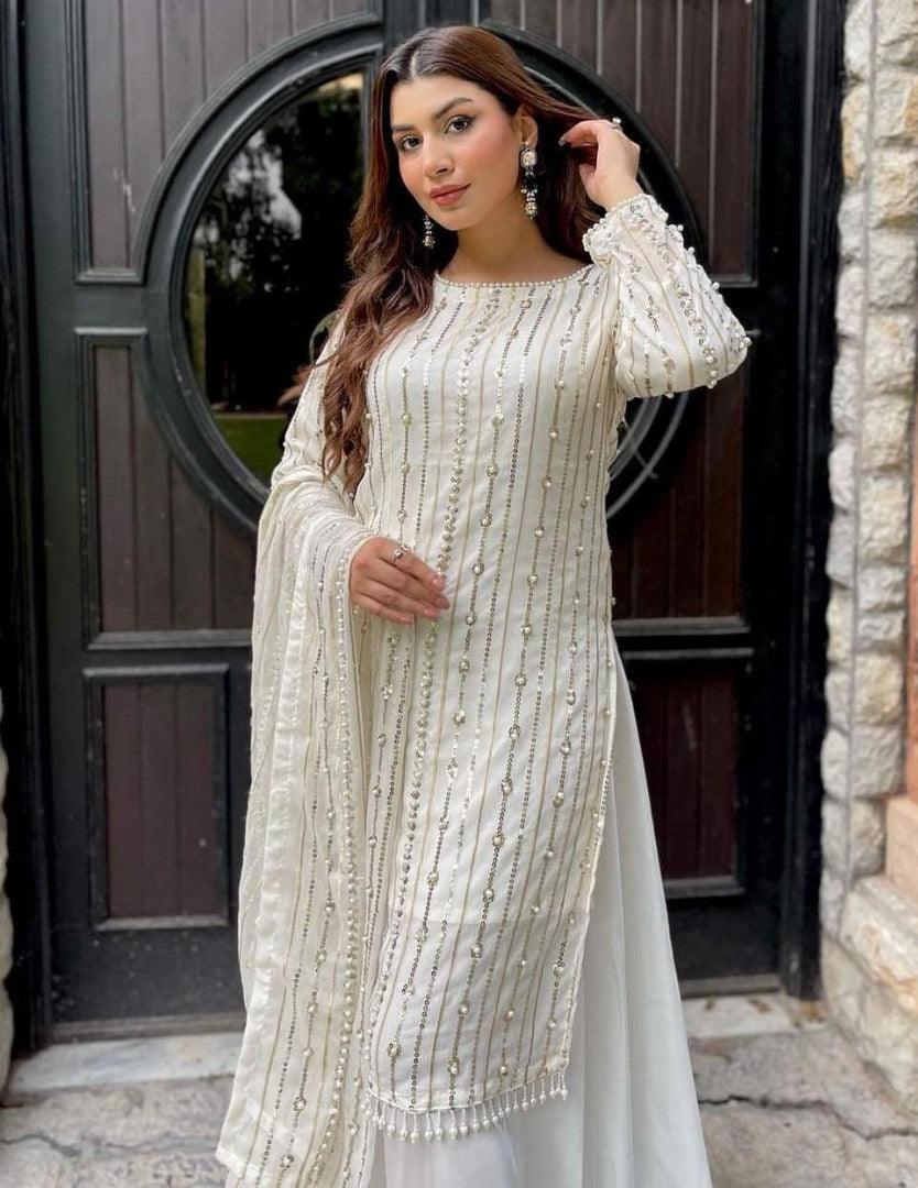 White georgette sequence work palazzo suit
