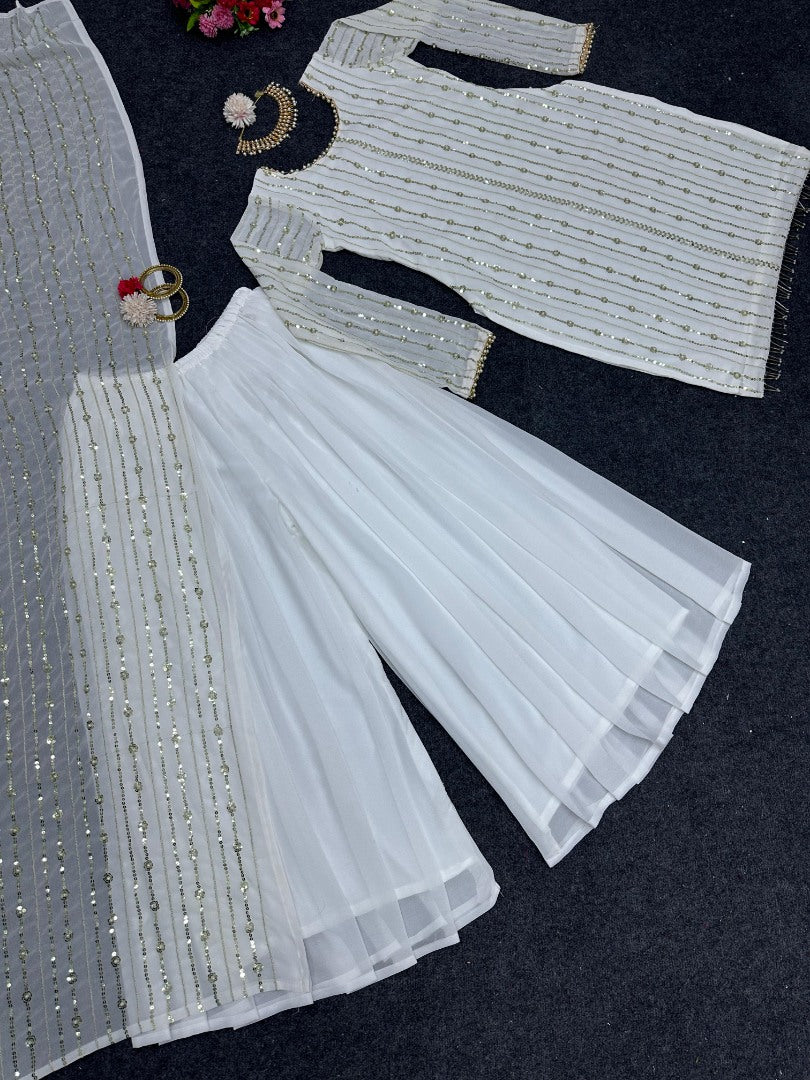 White georgette sequence work palazzo suit