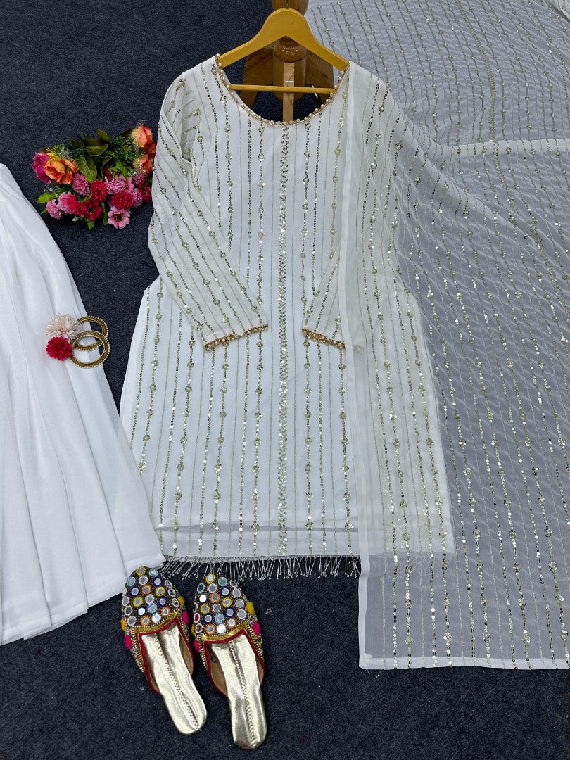 White georgette sequence work palazzo suit