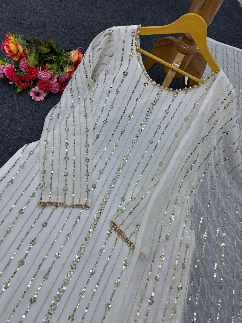 White georgette sequence work palazzo suit