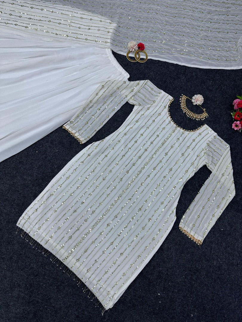 White georgette sequence work palazzo suit