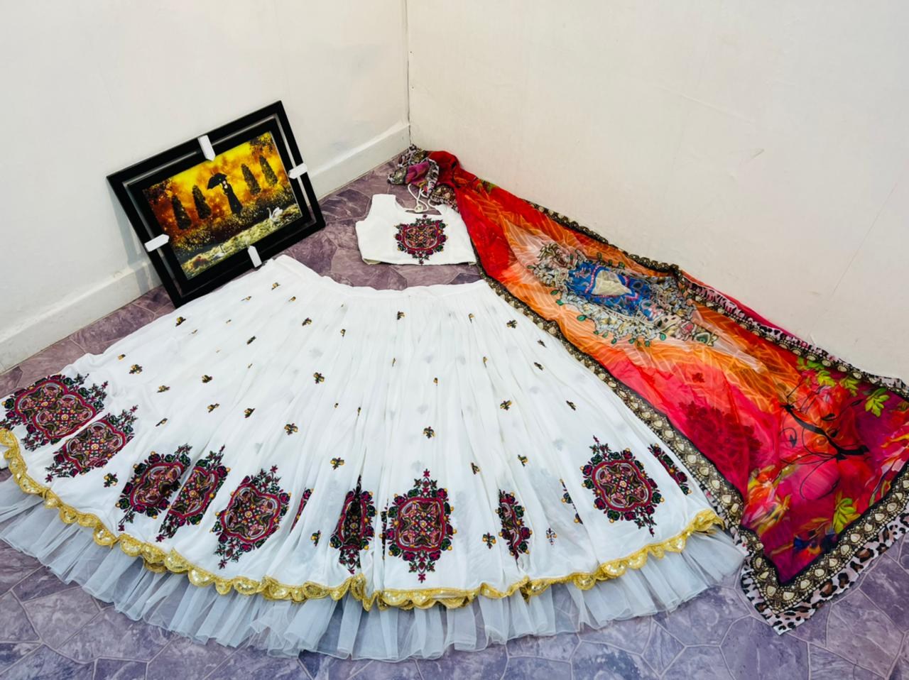 White georgette thread embroidered lehenga choli