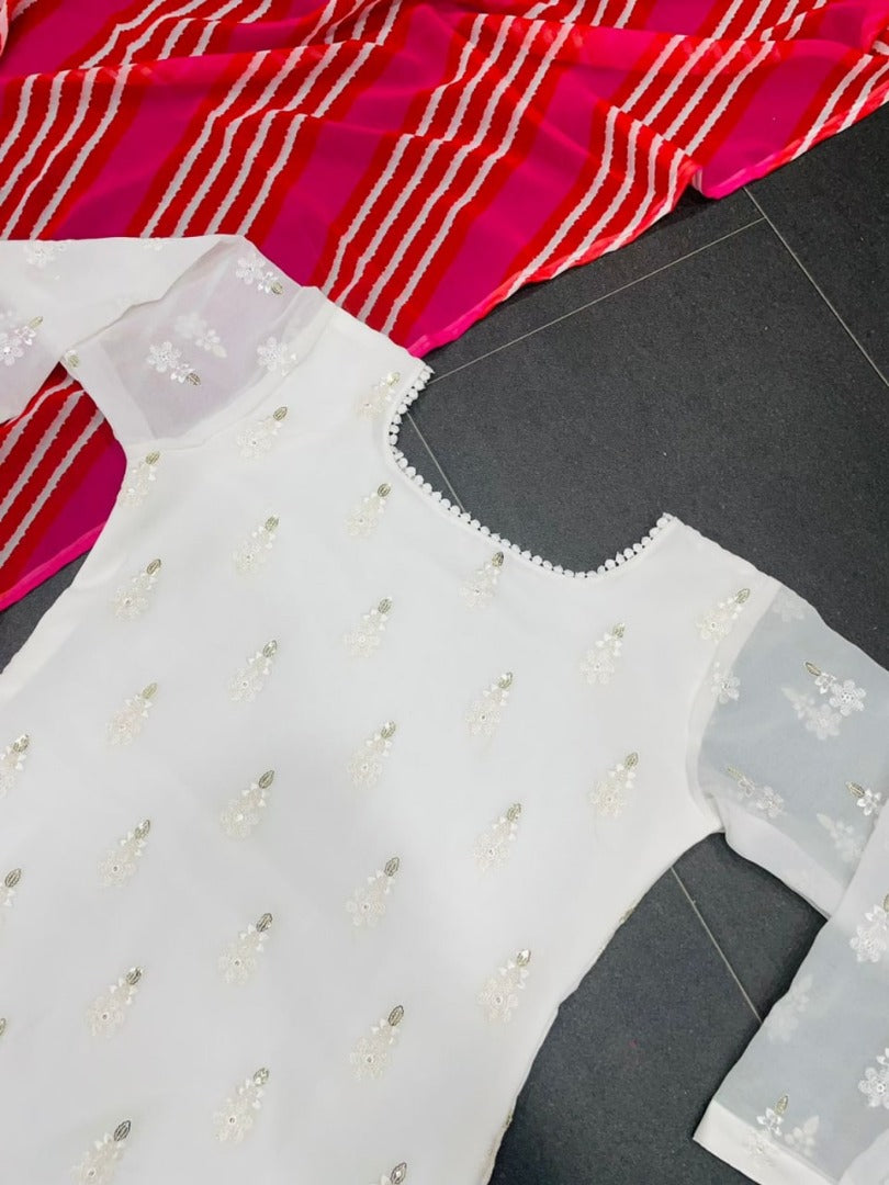 White georgette thread embroidered pant suit