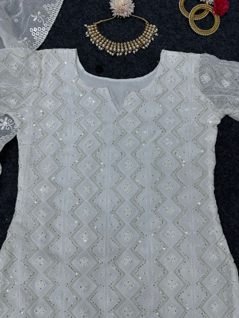 White georgette thread sequence work pant suit