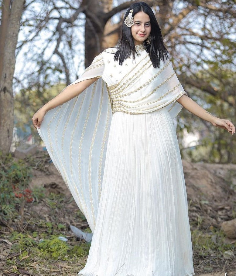 White georgette thread zari with sequence work party wear gown