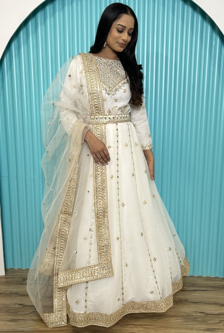 White goergette designer wedding gown