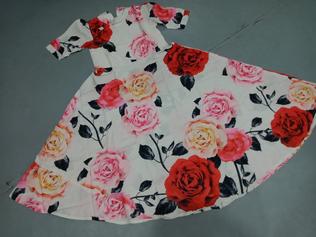 white heavy american crape big rose flower printed gown