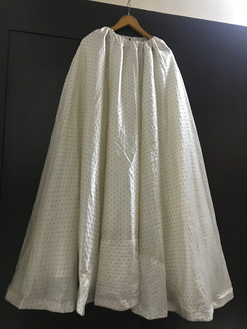 white heavy banarasi jacquard silk crop top lehenga with orange top