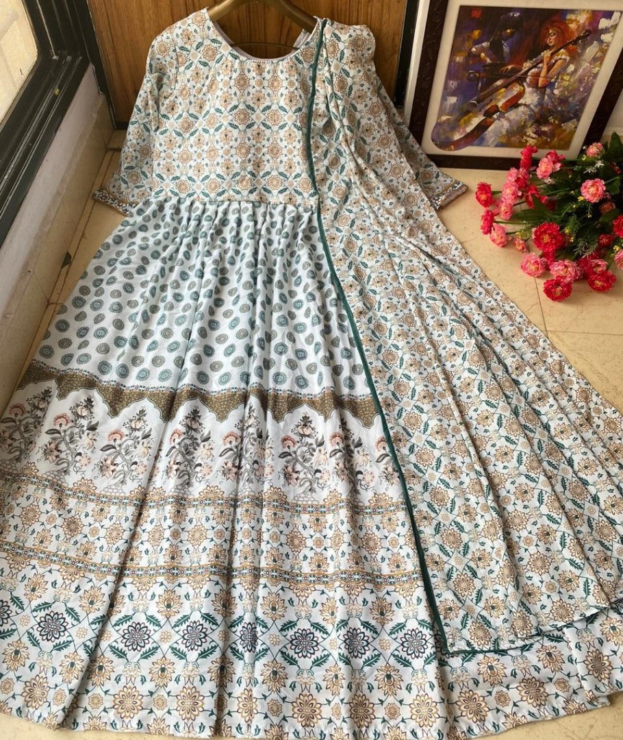 White heavy butter silk digital printed work party wear anarkali gown