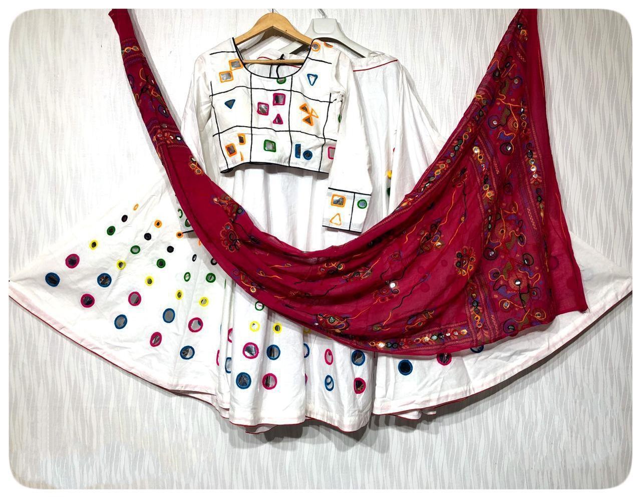 White heavy cotton ari multi embroidered navratri special lehenga choli