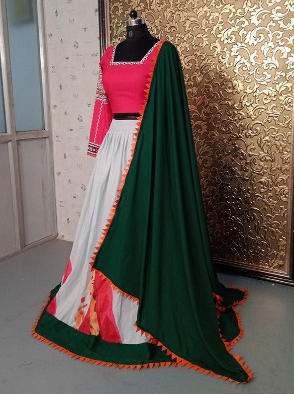 White heavy crepe printed navratri festival lehenga choli