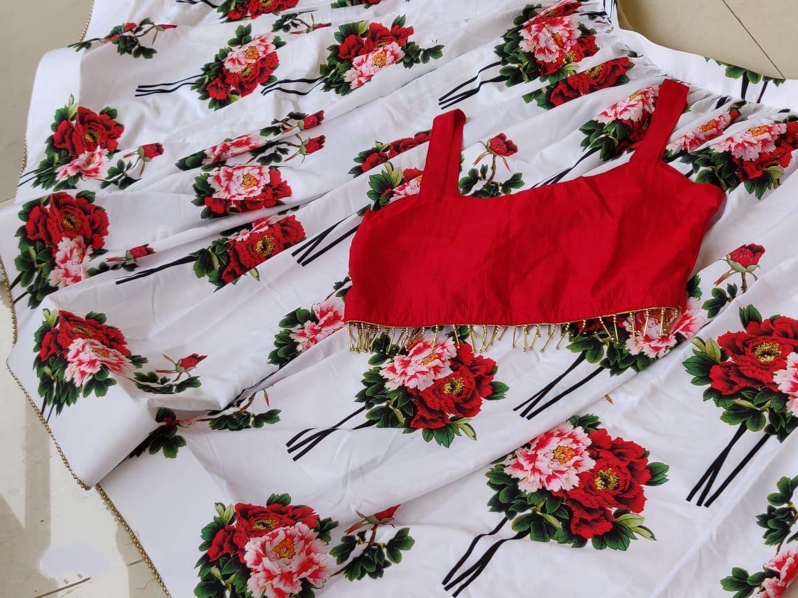 White heavy french crepe floral digital printed lehenga choli