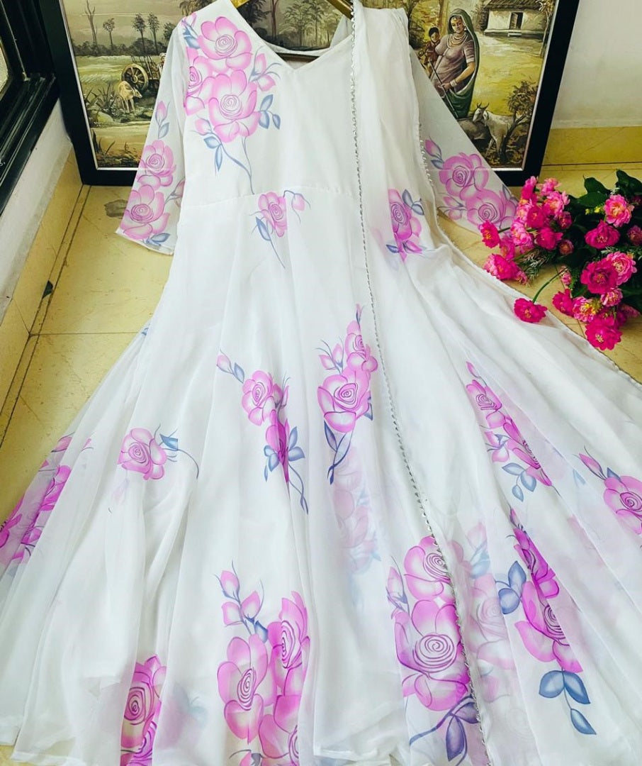 White heavy georgette digital floral printed work party wear gown