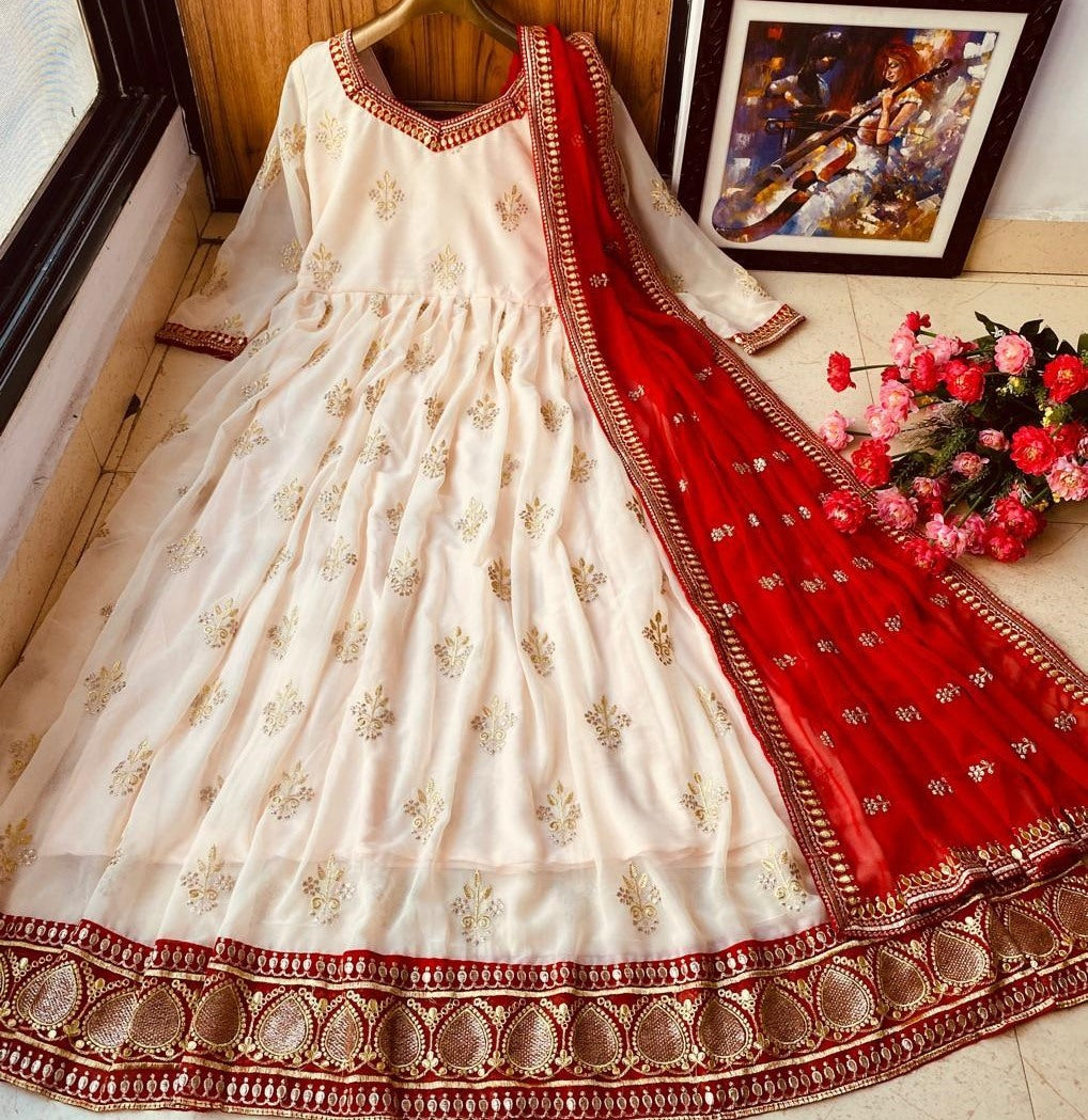 White heavy georgette embroidered work ceremonial wear gown