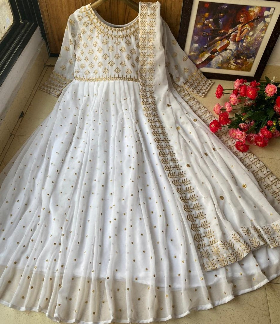 White heavy georgette fully embroidered work designer gown