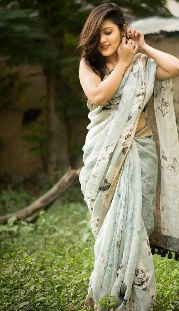 White heavy linen silk digital flower printed work saree