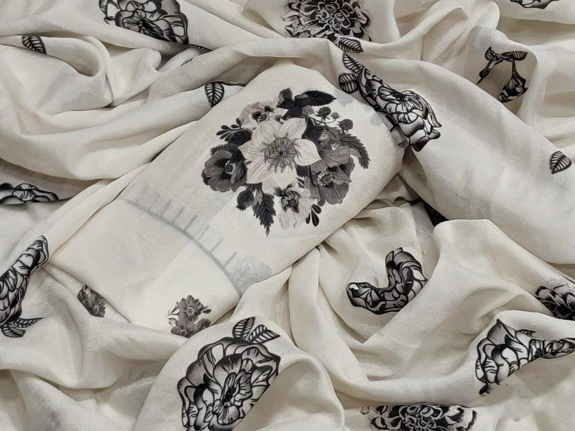 White heavy moss vichitra silk digital printed saree