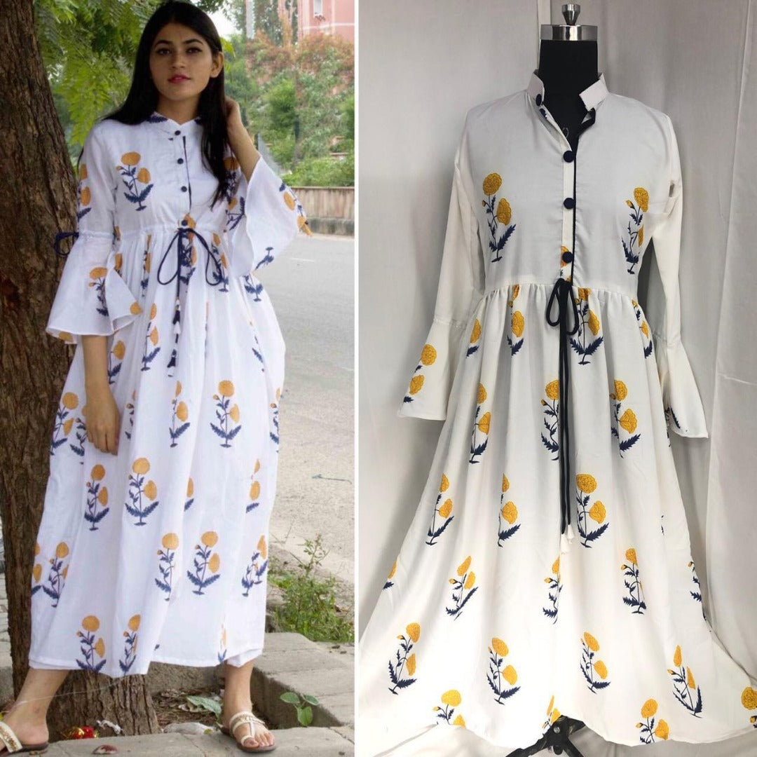 White heavy rayon yellow flower printed casual kurti