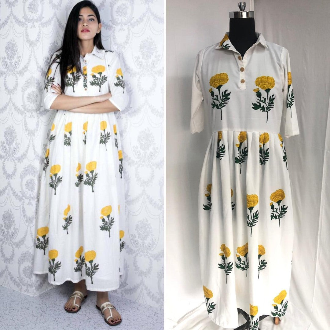 White heavy rayon yellow flower printed casual kurti