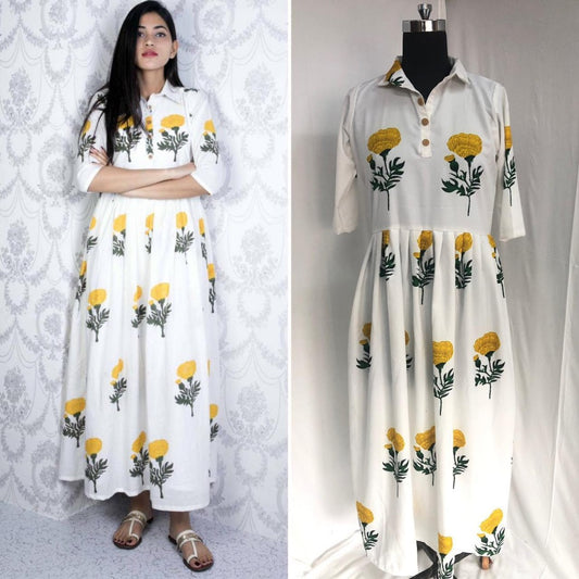 White heavy rayon yellow flower printed casual kurti