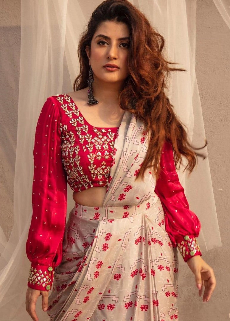White heavy ruhani silk digital printed work saree with fancy blouse