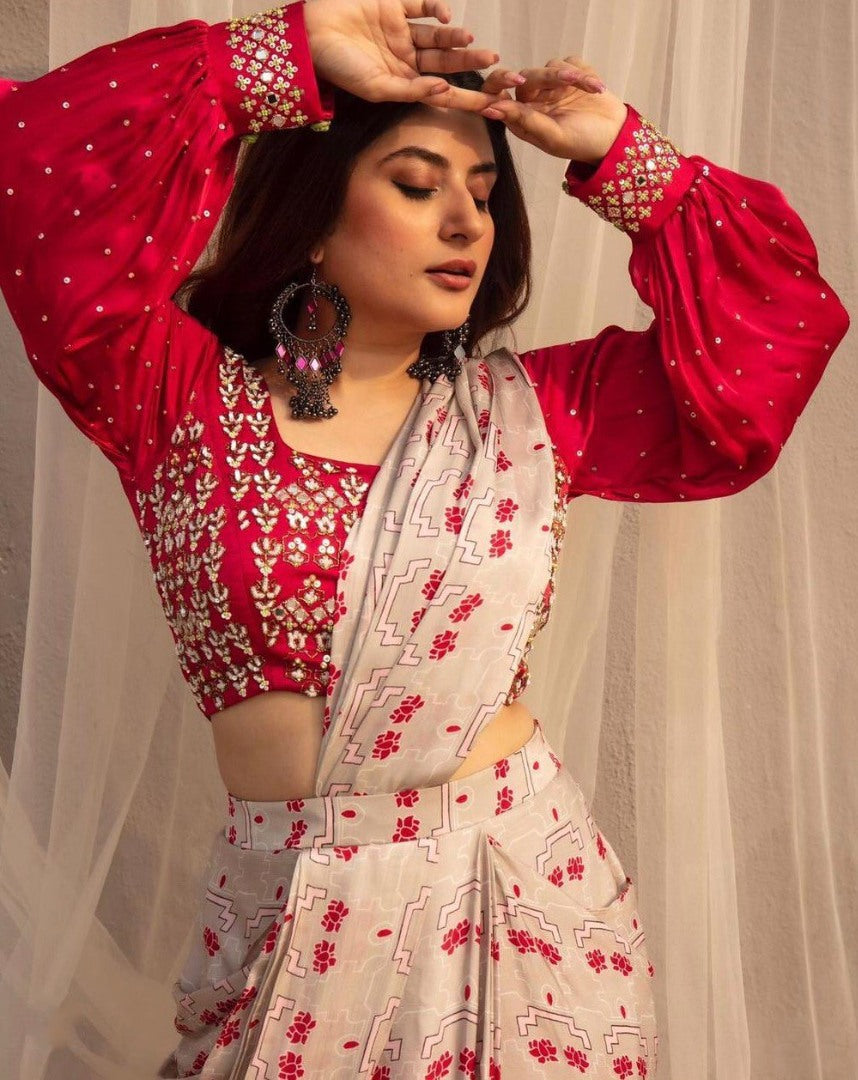 White heavy ruhani silk digital printed work saree with fancy blouse