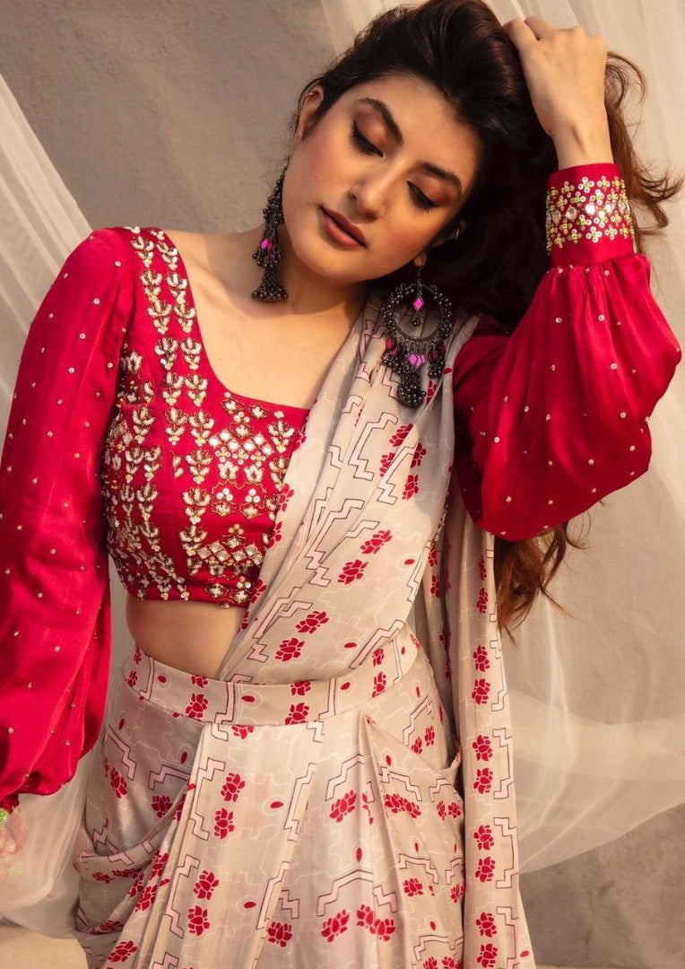 White heavy ruhani silk digital printed work saree with fancy blouse