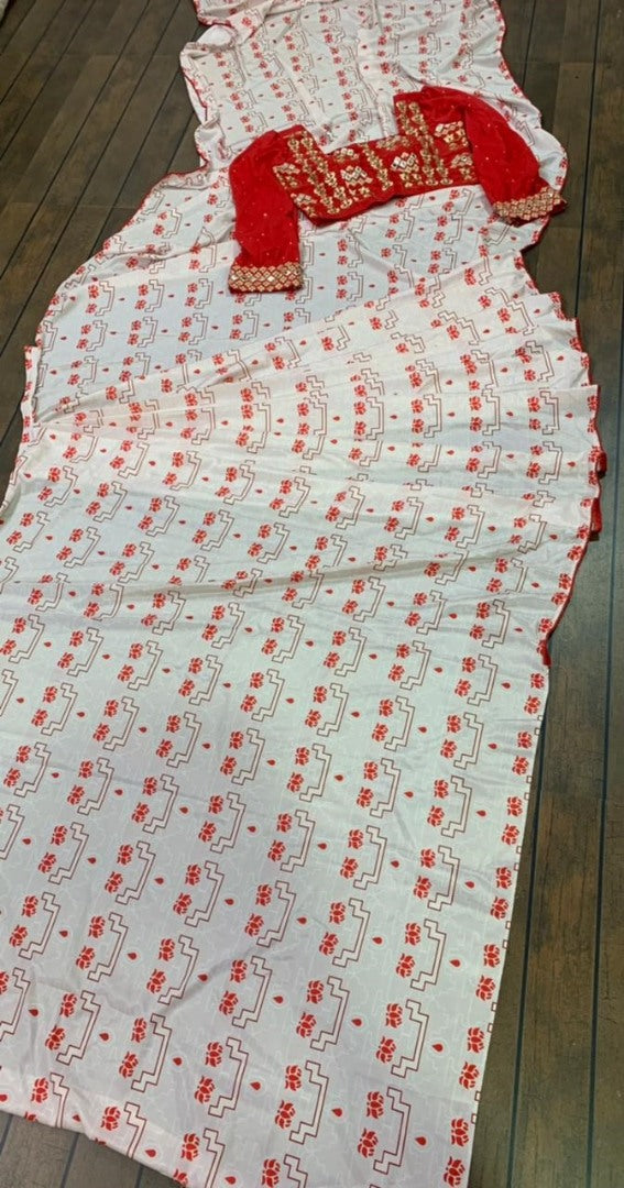 White heavy ruhani silk digital printed work saree with fancy blouse