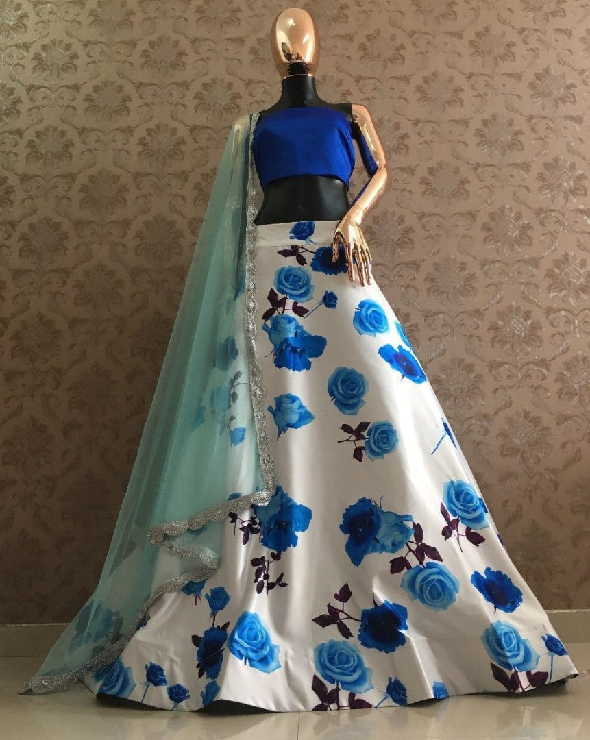 White heavy satin blue flower printed lehenga choli