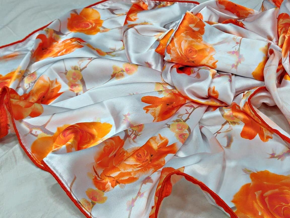 White heavy soft satin orange flower printed saree