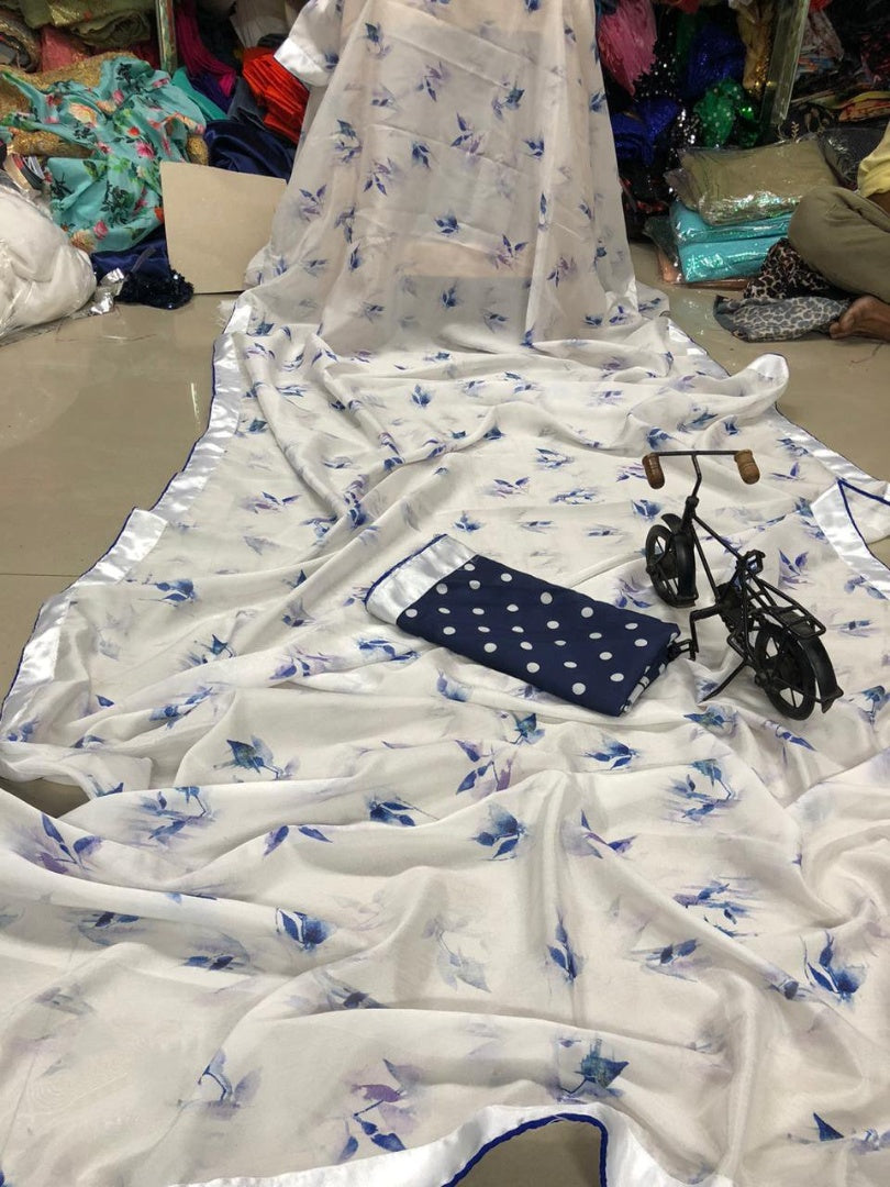 White heavy vichitra silk digital printed saree