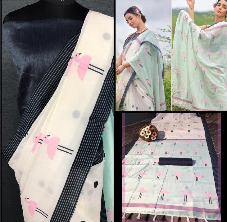 White imported cotton digital printed work saree