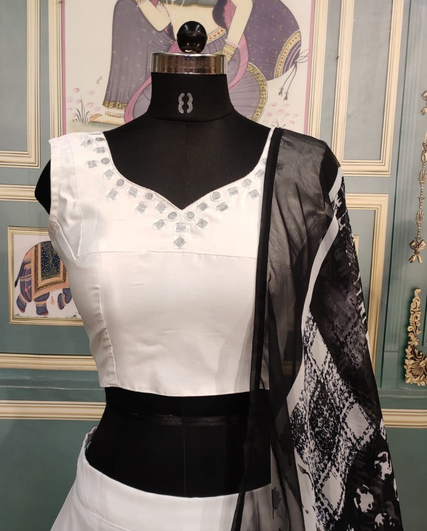 White italian silk digital printed lehenga choli