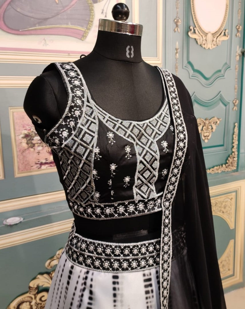 White italian silk digital printed lehenga choli