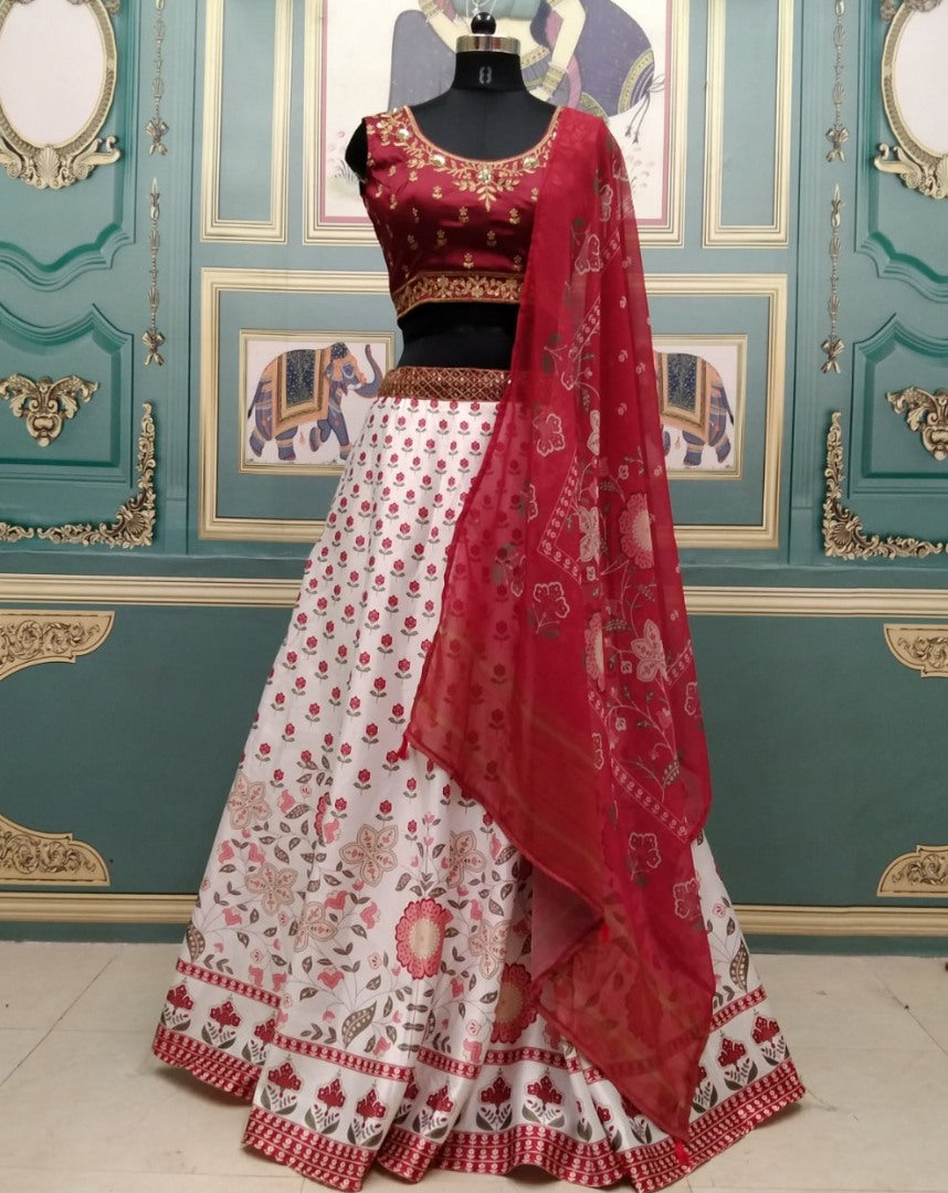 White italian silk printed lehenga choli