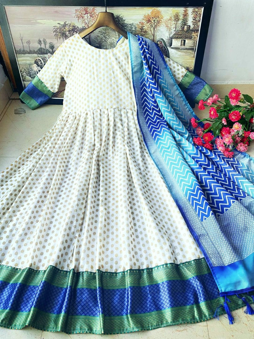 White jacquard silk anarkali suit with printed dupatta
