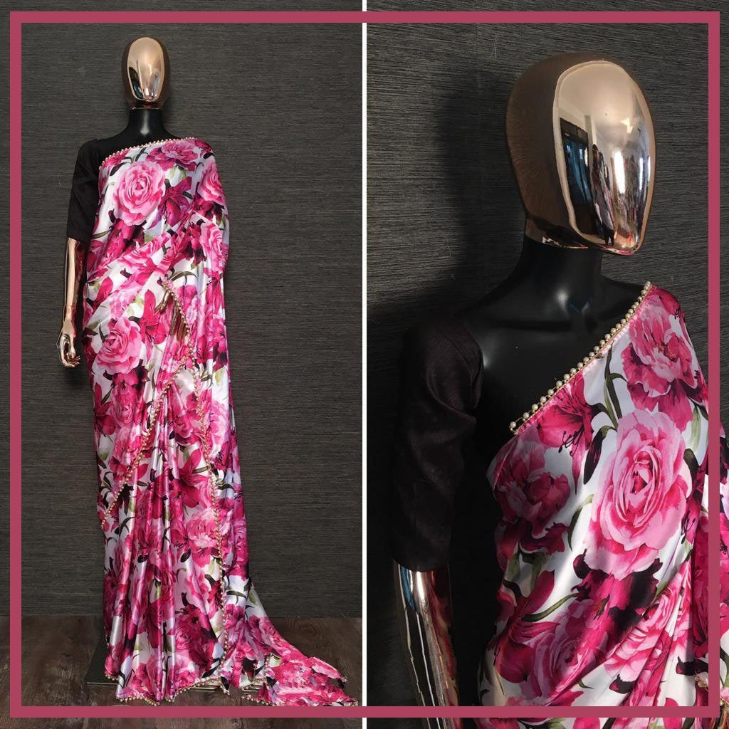 White japan satin big rose digital printed saree