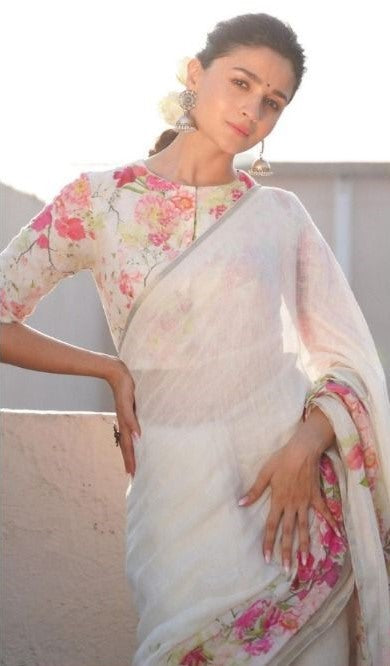White linen flower printed bollywood saree