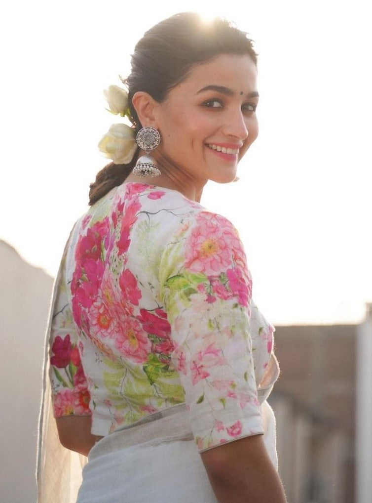 White linen flower printed bollywood saree