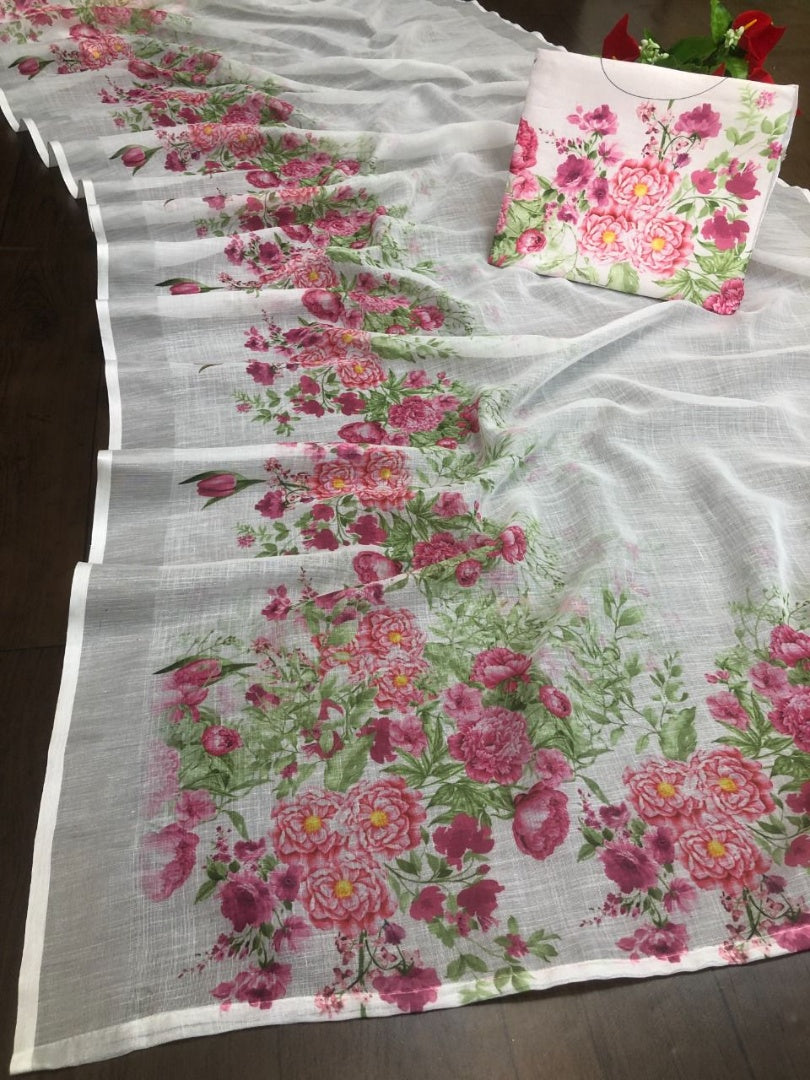 White linen flower printed bollywood saree