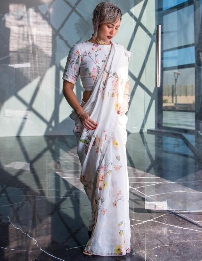 White linen printed saree
