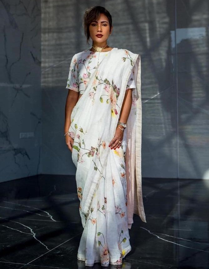 White linen printed saree