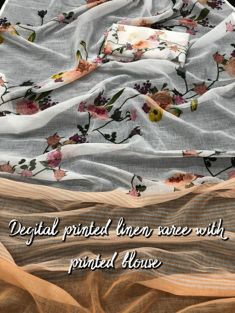 White linen printed saree