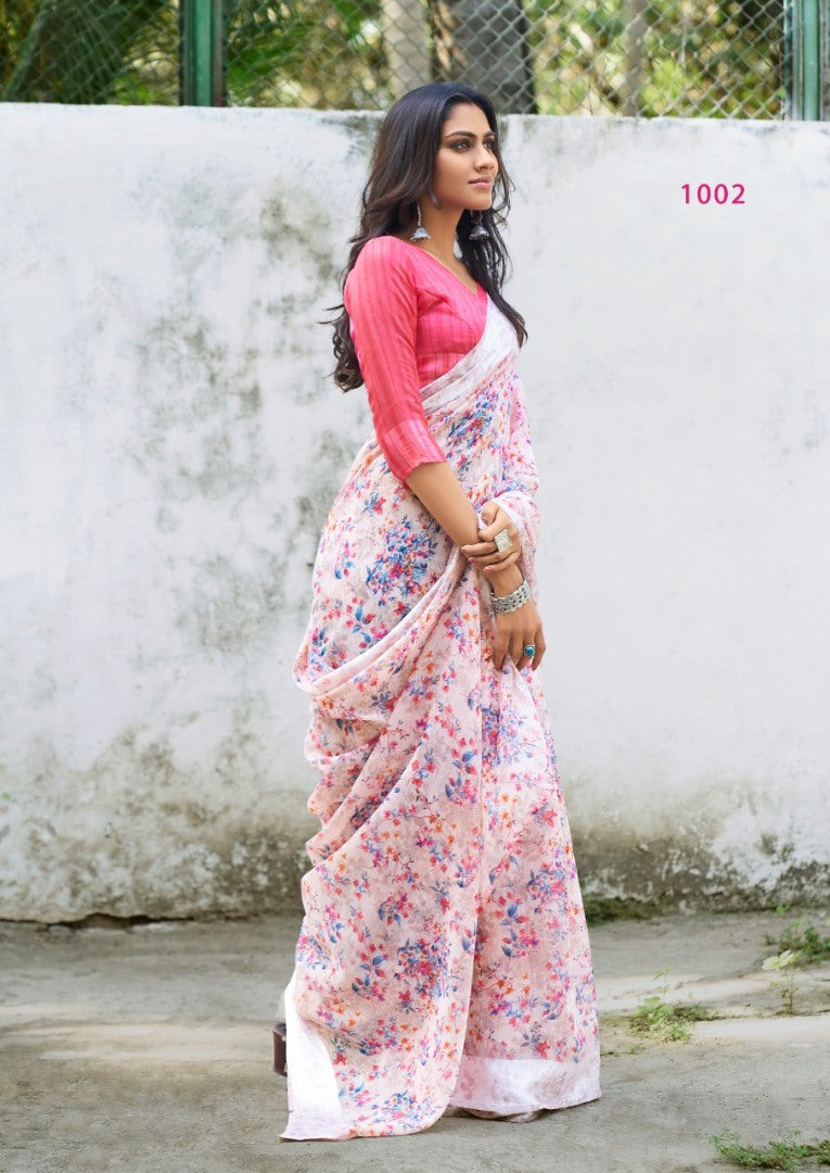 white linen silk floral digital printed saree